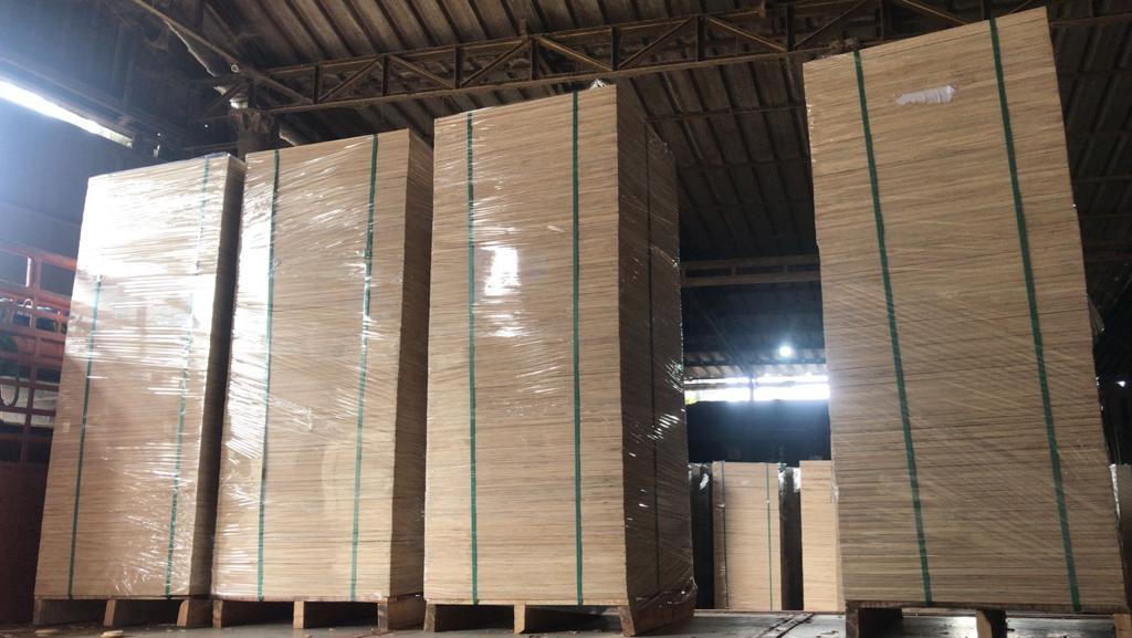 Plywood stacks on the plant floor